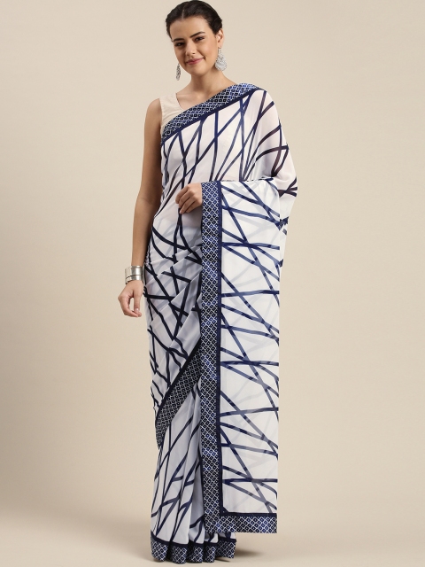 

Mitera Navy Blue & White Printed Saree