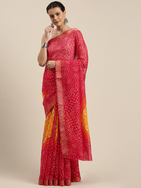 

Mitera Red Silk Cotton Printed Bandhani Saree