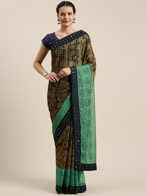 

Mitera Navy Blue & Olive Green Brasso Printed Bandhani Saree
