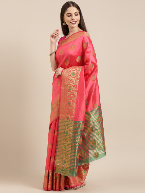

Mitera Pink & Gold-Toned Silk Cotton Woven Design Chanderi Saree