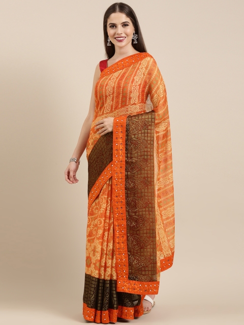 

Mitera Orange & White Brasso Printed Bandhani Saree with Mirror Work