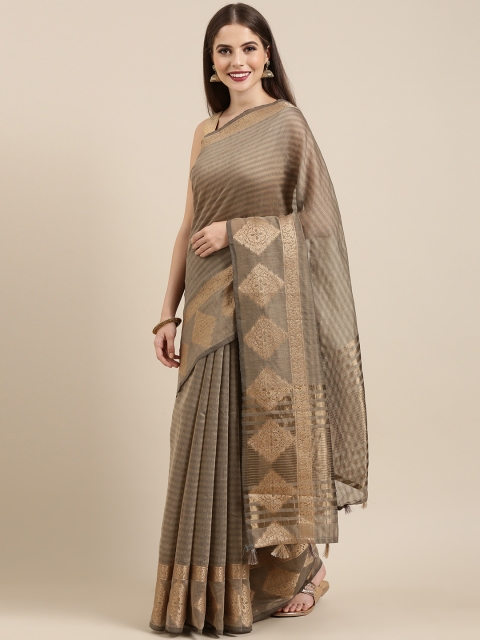 

Mitera Brown & Beige Silk Cotton Striped Chanderi Saree