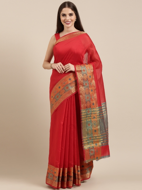 

Mitera Red Silk Cotton Solid Chanderi Saree