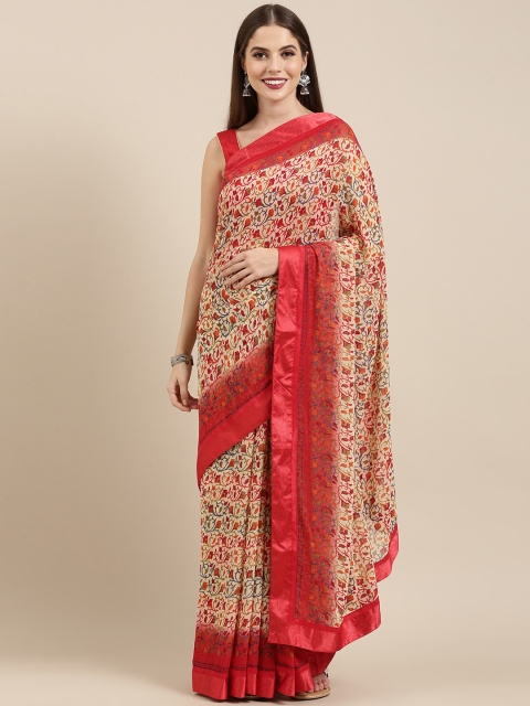 

Mitera Red & Cream-Coloured Poly Georgette Printed Saree