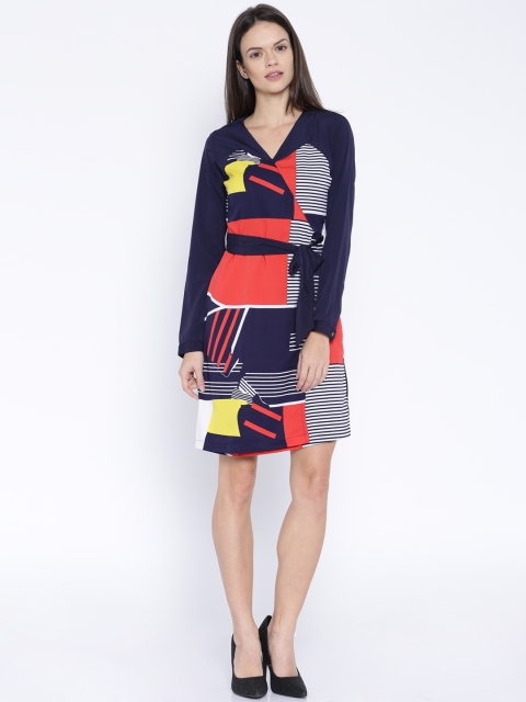

Tokyo Talkies Navy & Red Printed Polyester A-Line Dress, Navy blue