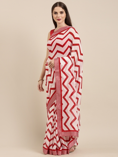 

Mitera Red & White Poly Georgette Chevron Printed Saree