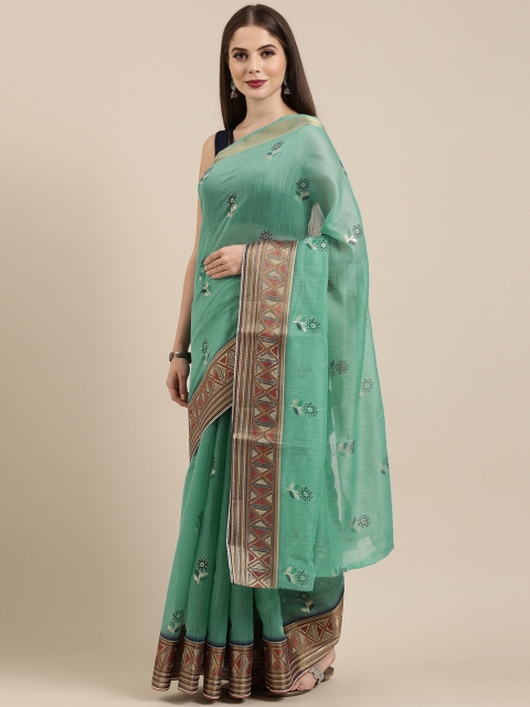 

Mitera Sea Green & Silver-Toned Silk Cotton Printed Saree