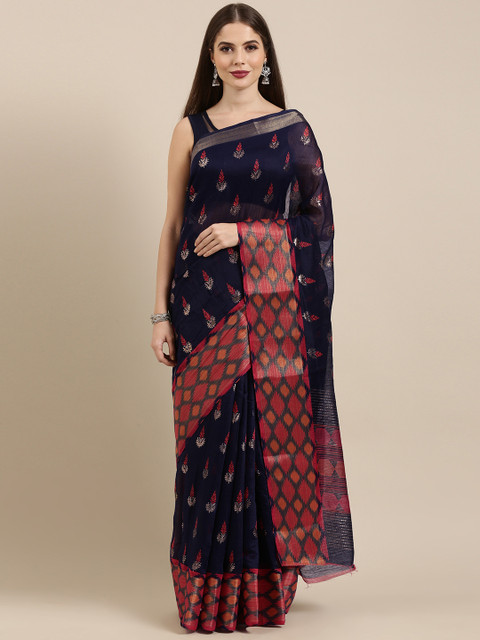

Mitera Navy Blue Printed Silk Cotton Saree