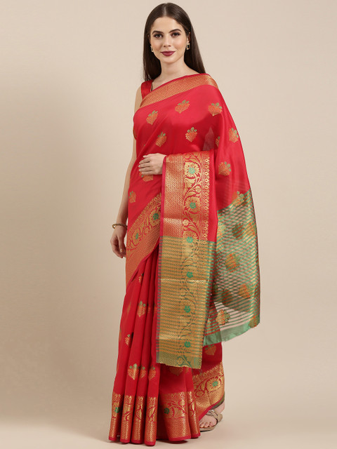 

Mitera Red & Gold-Toned Silk Cotton Woven Design Chanderi Saree