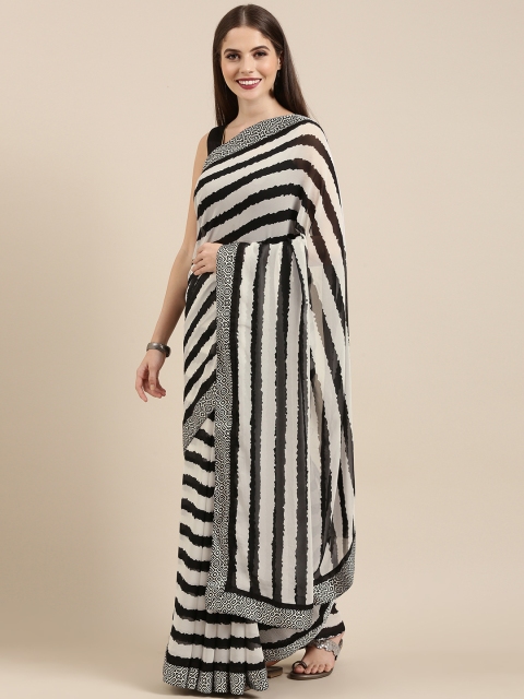 

Mitera Black & White Poly Georgette Striped Saree