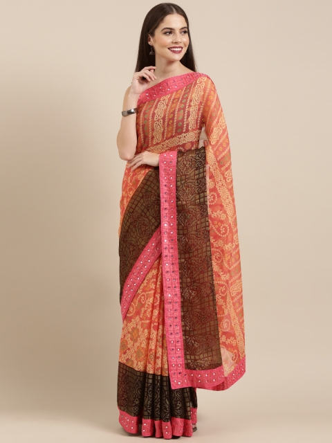 

Mitera Orange & Beige Brasso Printed Bandhani Saree