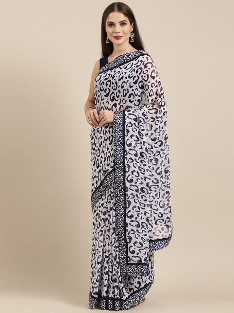 

Mitera White & Navy Blue Poly Georgette Printed Saree