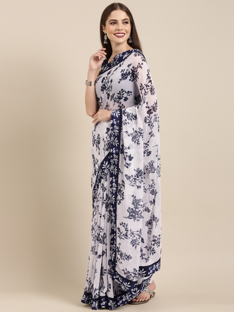 

Mitera White & Navy Blue Poly Georgette Printed Saree