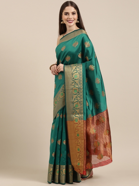 

Mitera Green & Gold-Toned Silk Cotton Woven Design Chanderi Saree