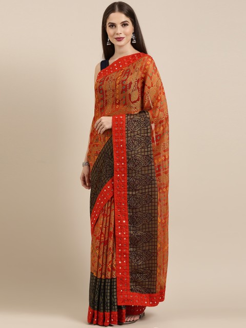 

Mitera Red & Yellow Brasso Printed Bandhani Saree with Mirror Work