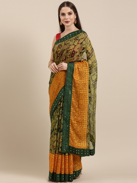 

Mitera Green & Yellow Brasso Printed Bandhani Saree with Mirror Work