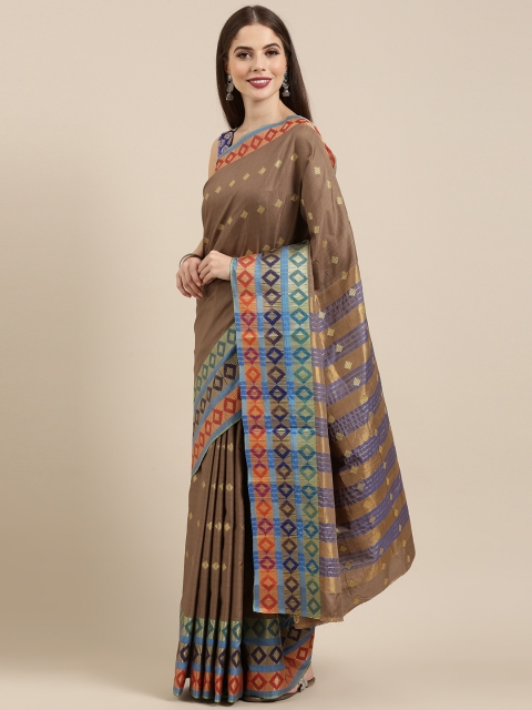 

Mitera Brown & Gold-Toned Silk Cotton Woven Design Chanderi Saree