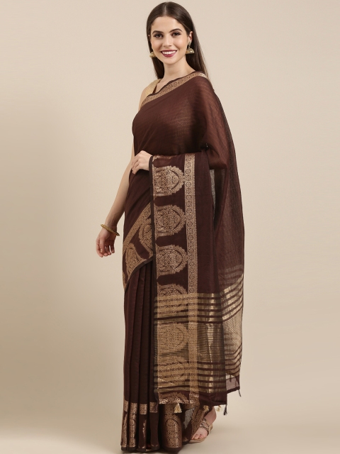 

Mitera Coffee Brown Silk Cotton Striped Chanderi Saree