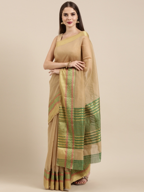 

Mitera Beige Silk Cotton Solid Chanderi Saree