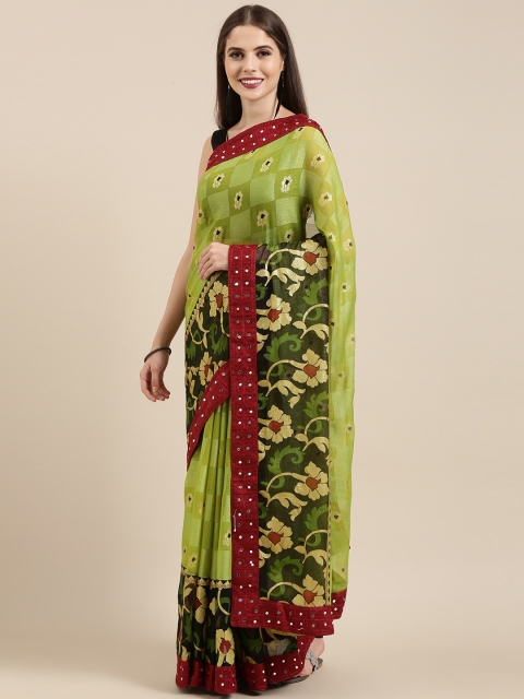 

Mitera Green & Golden Brasso Printed Saree with Mirror Work