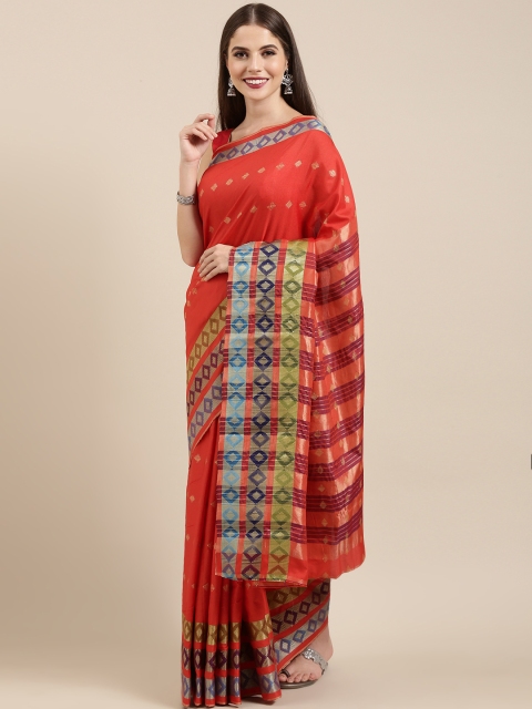 

Mitera Orange & Golden Silk Cotton Woven Design Chanderi Saree