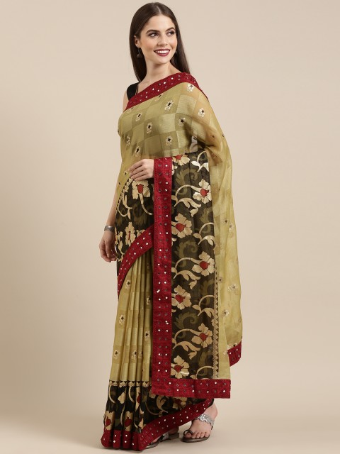 

Mitera Olive Green & Gold-Toned Brasso Printed Saree