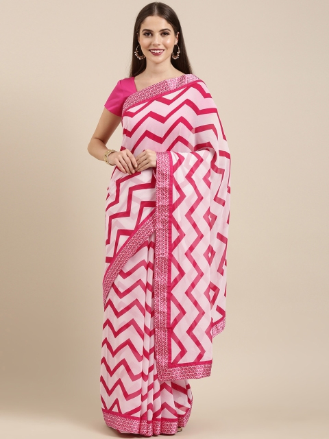 

Mitera White & Pink Poly Georgette Printed Saree