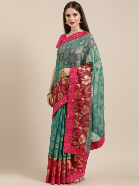 

Mitera Turquoise Blue & Pink Brasso Printed Saree