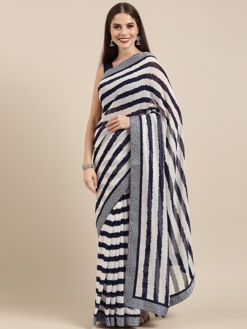 

Mitera White & Navy Blue Poly Georgette Striped Saree