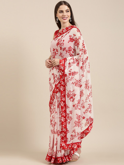 

Mitera Red & White Poly Georgette Printed Saree