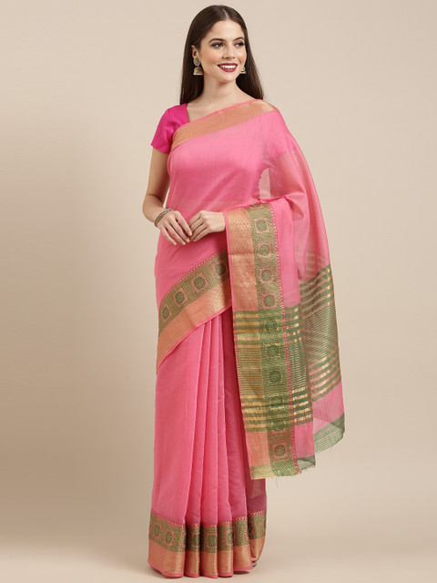 

Mitera Pink & Gold-Toned Silk Cotton Solid Chanderi Saree