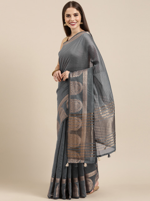 

Mitera Grey Melange Silk Cotton Striped Chanderi Saree