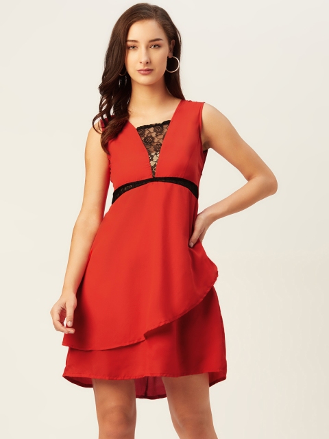 

Belle Fille Women Red Solid Layered A-Line Dress with Lace Inserts