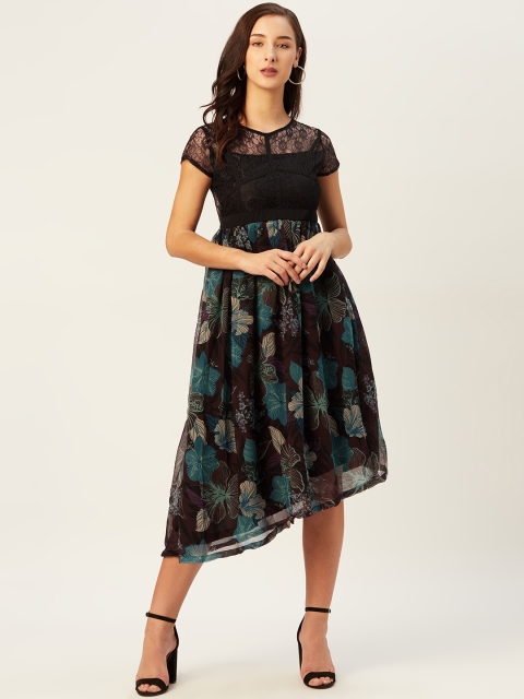 

Belle Fille Women Black & Green Floral Asymmetric Midi A-Line Dress with Lace Inserts