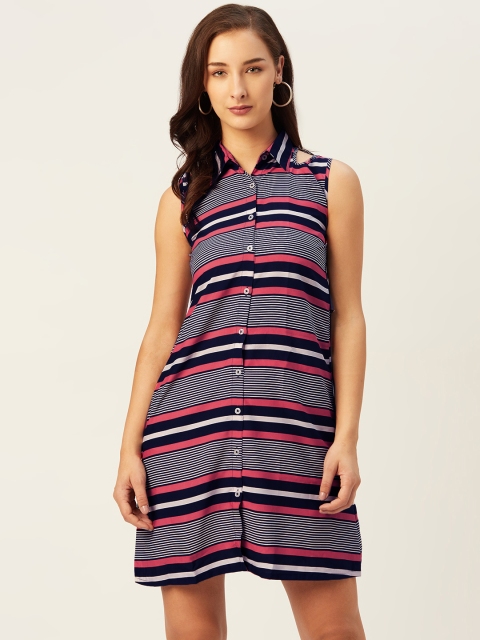 

Belle Fille Women Navy Blue & Pink Striped Shirt Dress With Tie-Ups
