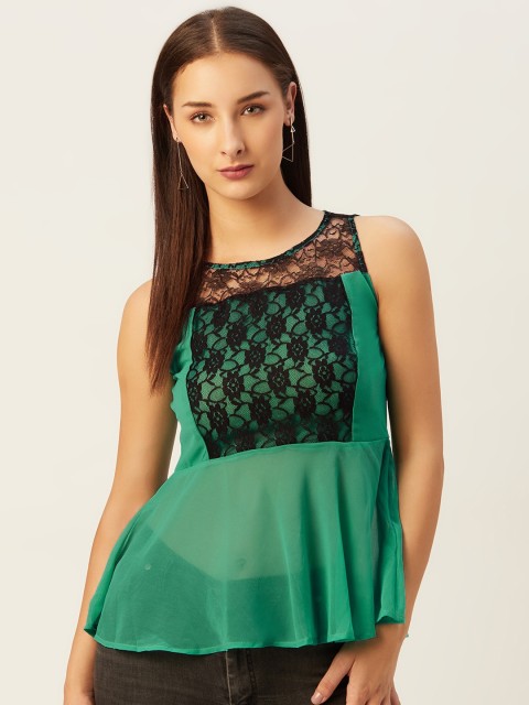 

Belle Fille Green & Black Floral Georgette A-Line Top