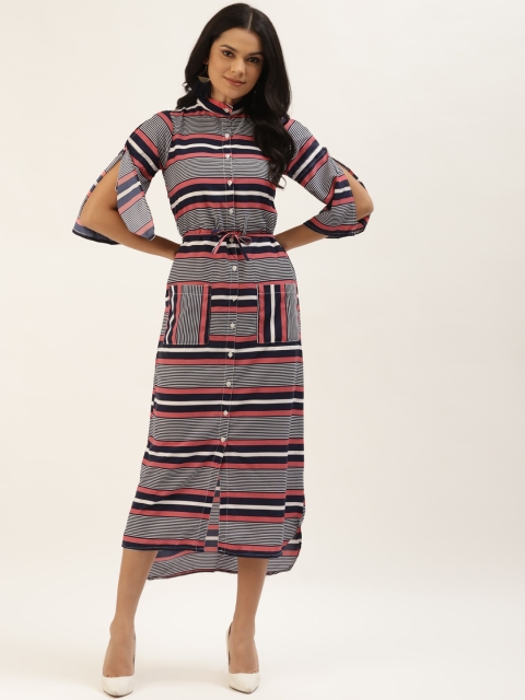 

Belle Fille Women Navy Blue & White Striped Midi High-Low Shirt Dress with Tie-Ups