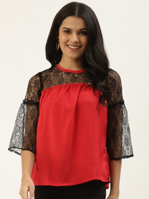 

Belle Fille Women Red Solid Regular Top With Lace Detailing