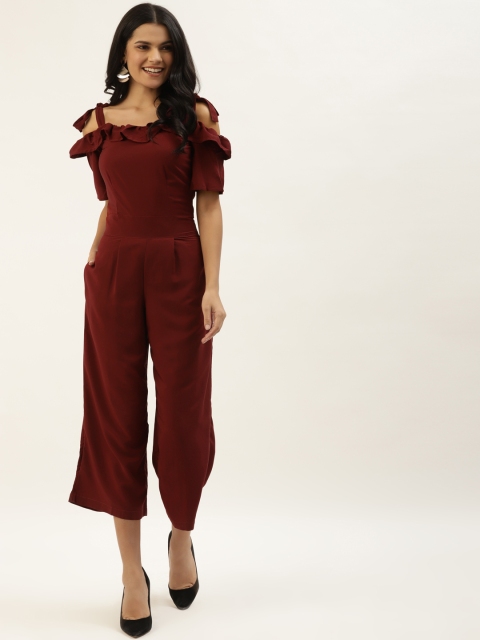 

Belle Fille Women Maroon Solid Ruffled Cropped Basic Jumpsuit with Tie-ups