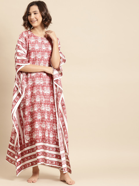

Prakrti Coral Pink & White Hand Block Jaal Print Maxi Kaftan Nightdress
