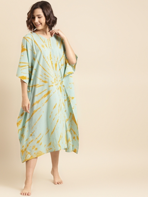 

Prakrti Mint Green & Mustard Yellow Cotton Hand Tie & Dyed Midi Kaftan Nightdress