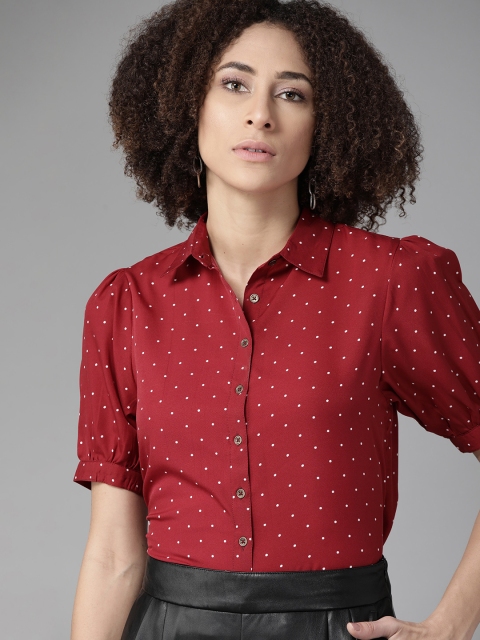 

Roadster Women Maroon & White Opaque Polka Dot Printed Casual Shirt
