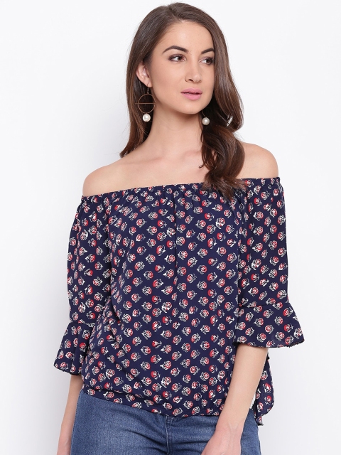 

Mayra Navy Blue & Red Floral Printed Off-Shoulder Bell Sleeves Crepe Bardot Top