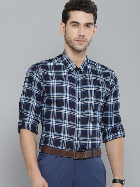 

DENNISON Men Navy Blue & White Smart Slim Fit Pure Cotton Checked Formal Shirt
