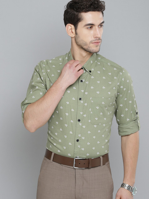 

DENNISON Men Olive Green & White Smart Slim Fit Floral Printed Formal Shirt