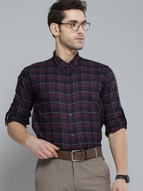 

DENNISON Men Navy Blue & Maroon Smart Slim Fit Pure Cotton Checked Formal Shirt