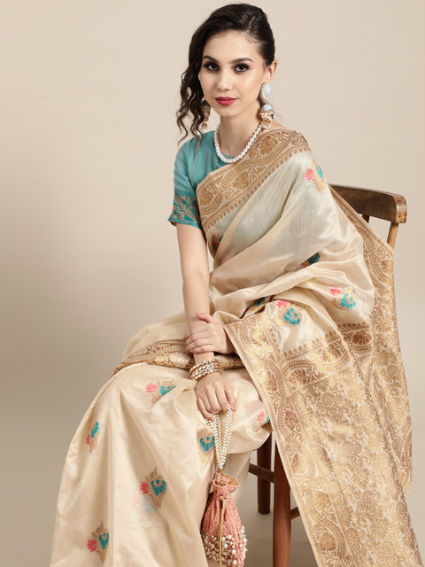 

Saree Mall Classic Beige and Turquoise Blue Silk Blend Saree
