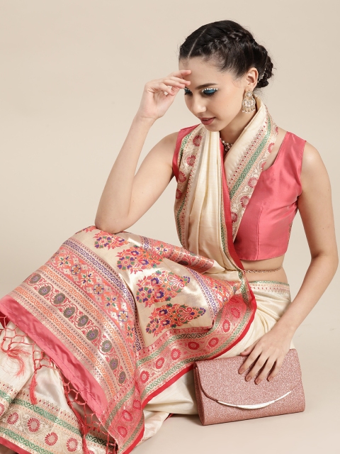 

Saree mall Solid Silk Blend Saree with Woven Design border, Off white