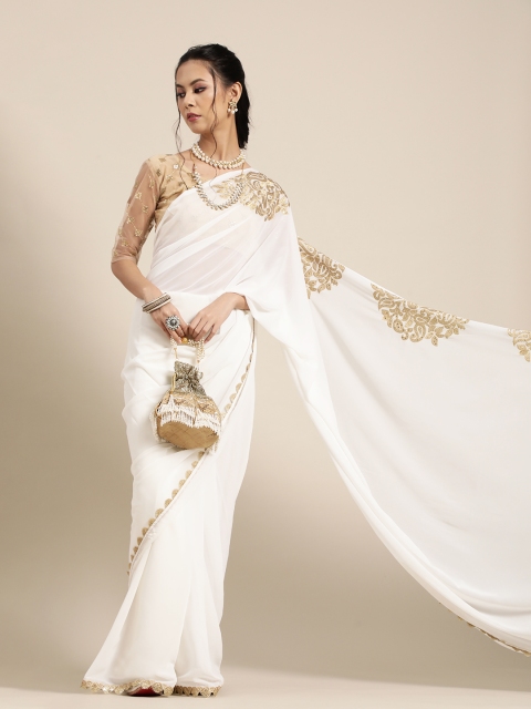 

Saree mall Embellished Poly Georgette Saree with Embroidered border, Off white