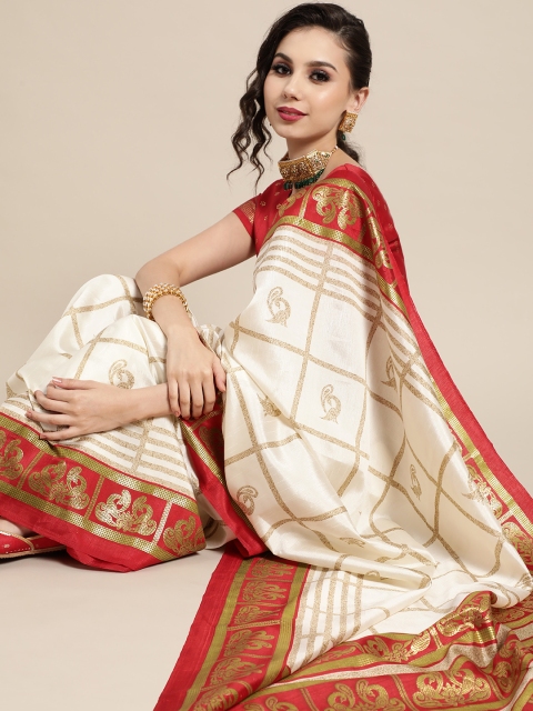 

Saree mall Checked Silk Blend Saree with Woven Design border, Cream